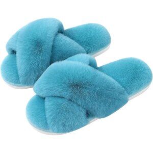 Women's Turquoise Fuzzy Cross Band Memory Foam Open-Toe House Slippers